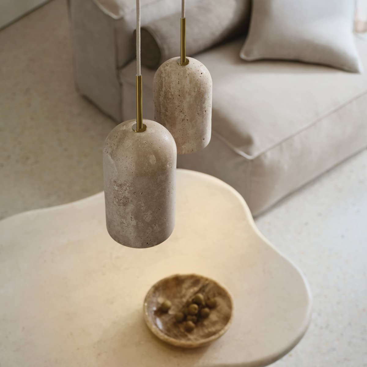 Made by Mayfair Rhodes 1 Light Small Pendant in Natural Travertine with Aged Brass Details-img-4