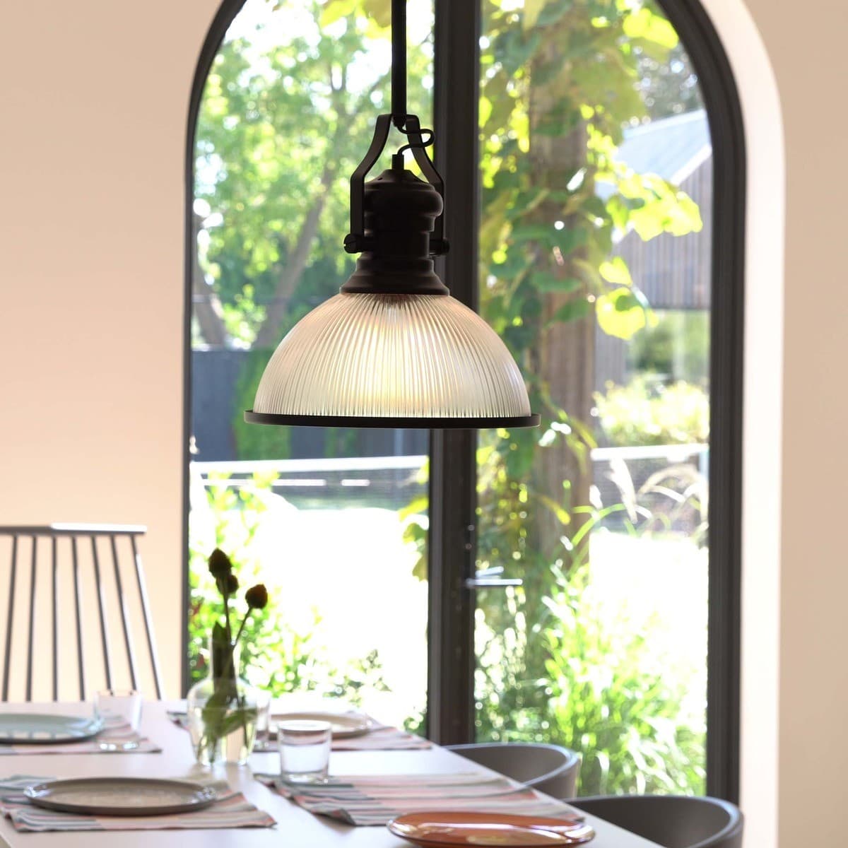 Alfred 1 Light Pendant in Black with Ribbed Clear Glass