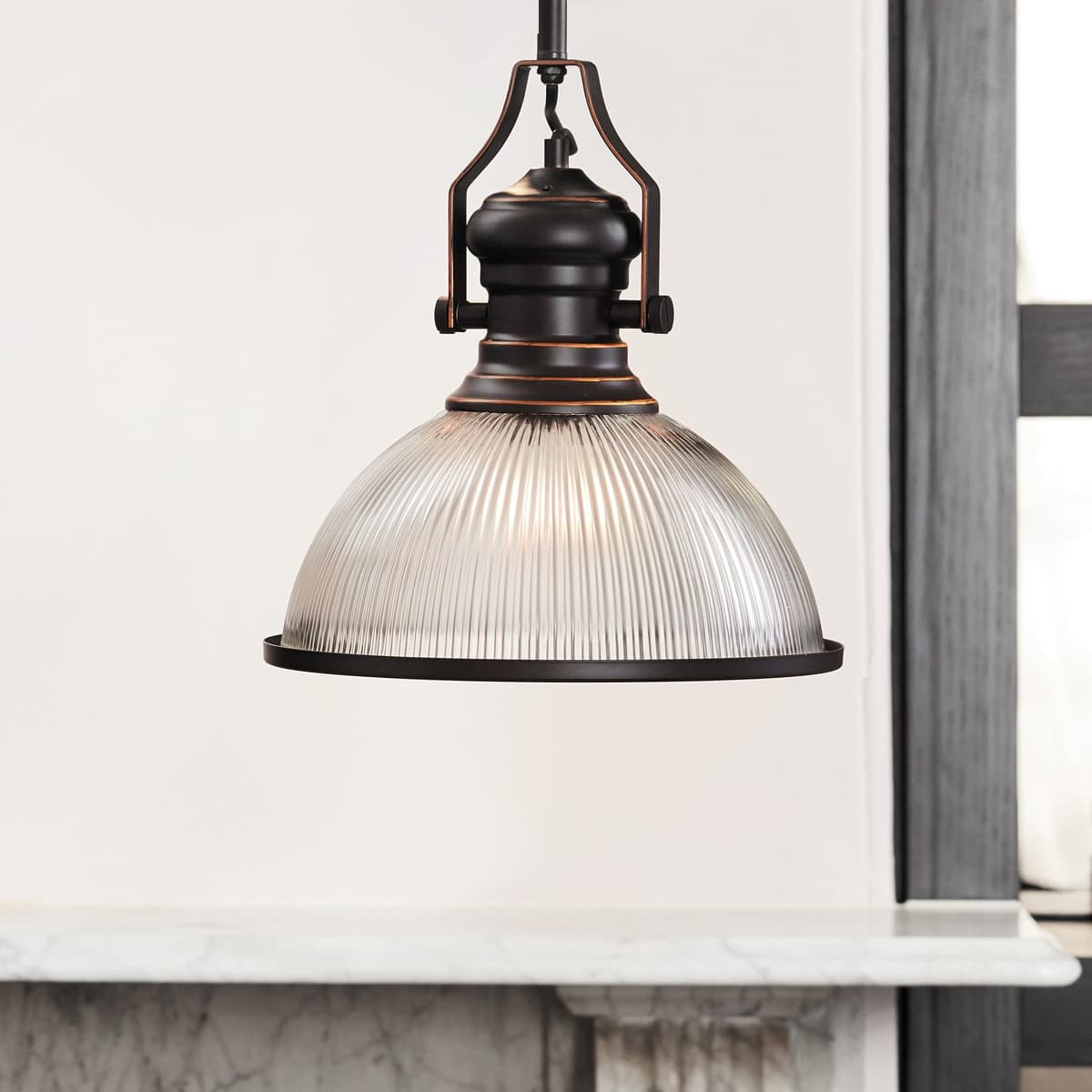 Alfred 1 Light Pendant in Oil Rubbed Bronze with Ribbed Clear Glass