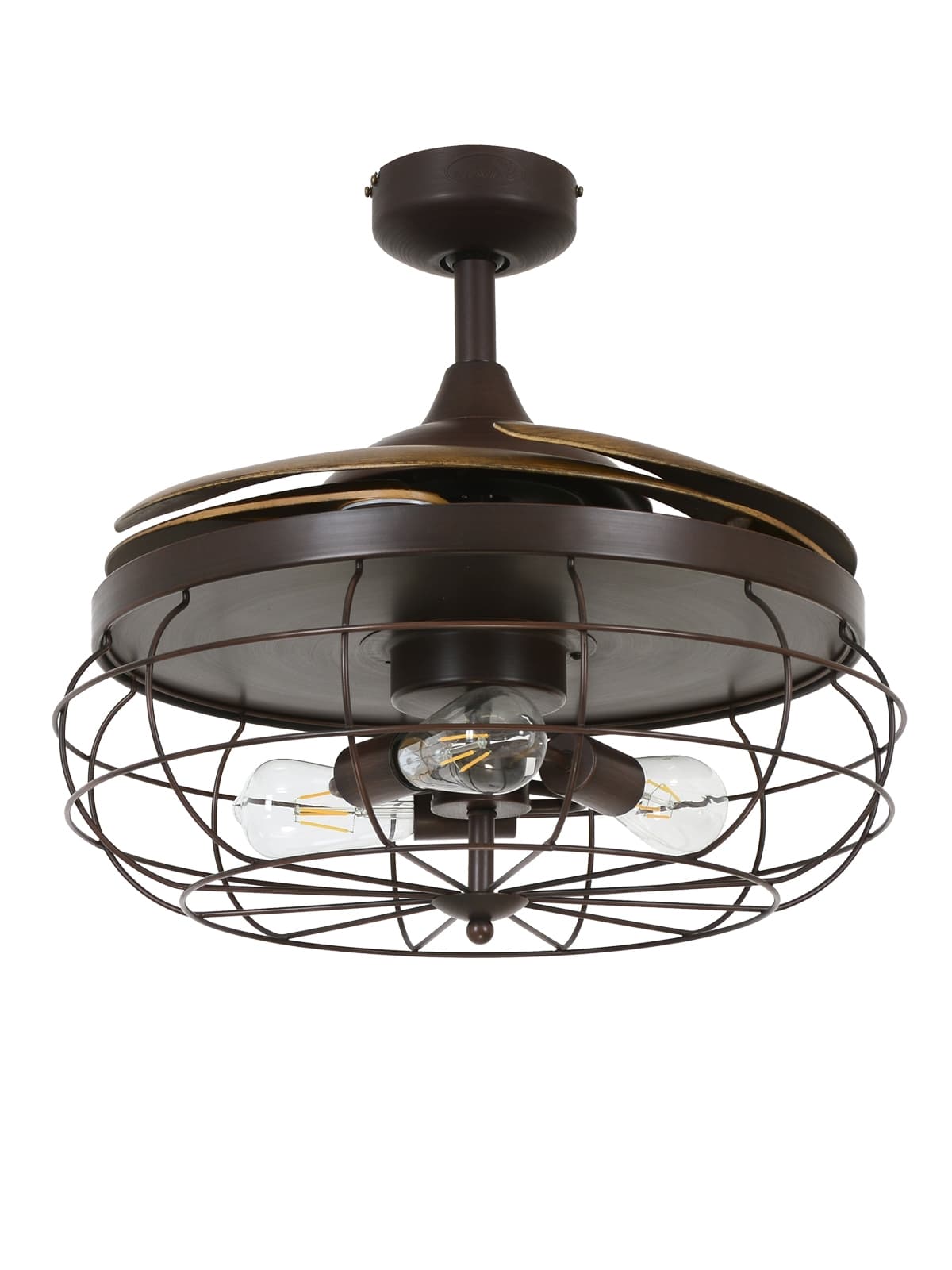 Fanaway Industri Fan in Oil Rubbed Bronze with Brown Coloured Retractable Blades And Light